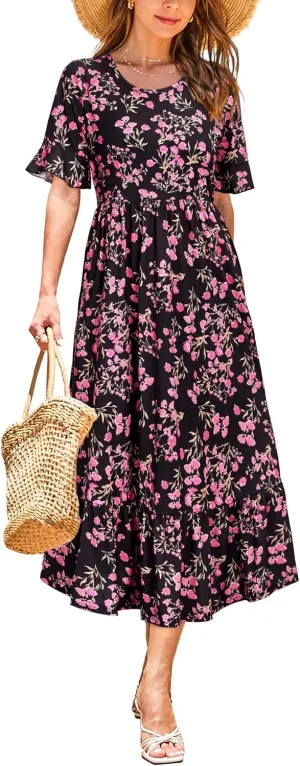 STYLEWORD Women's Summer 2025 Casual Short Sleeve Tiered Flowy Spring Dress Long Midi Beach Sundress Vacation Outfits