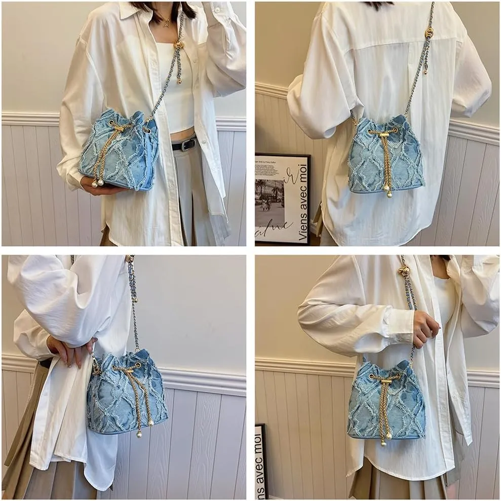 Stylish Denim Bucket Bag for Women - Versatile Crossbody Handbag with Adjustable Strap