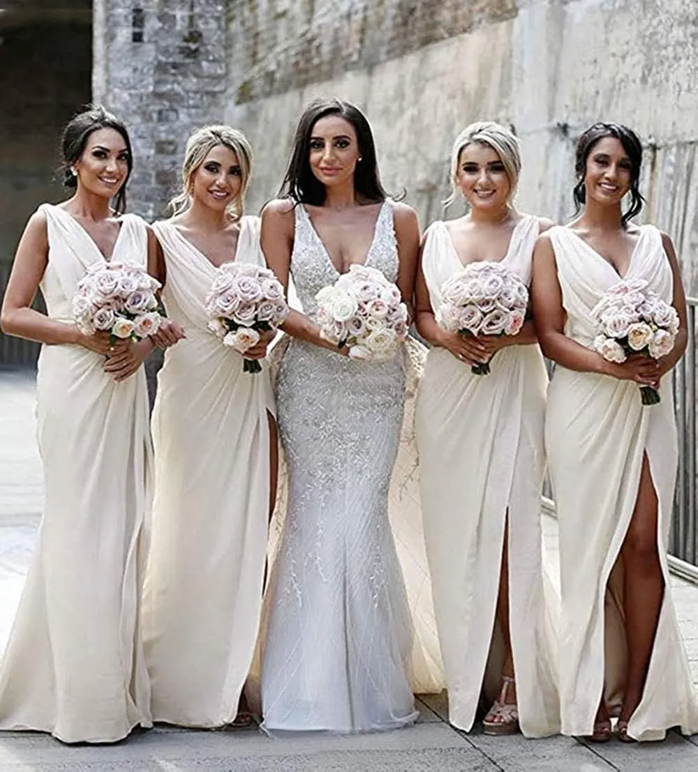 Sukleet Women's V Neck Bridesmaid Dresses for Wedding Wrap Chiffon Long Formal Dresses with Slit