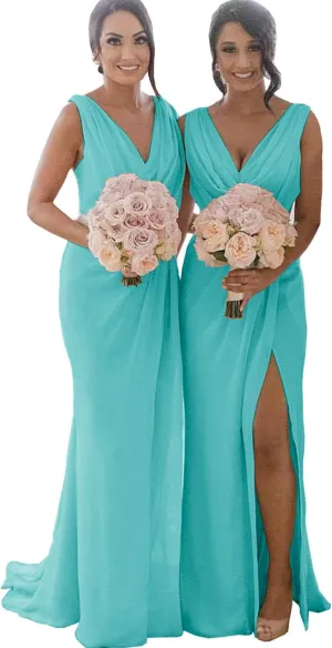 Sukleet Women's V Neck Bridesmaid Dresses for Wedding Wrap Chiffon Long Formal Dresses with Slit