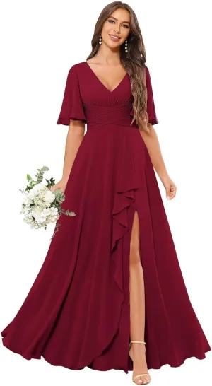 Sukleet Women's V Neck Flutter Sleeve Bridesmaid Dress Long for Wedding Ruffled Chiffon Formal Dress with Slit