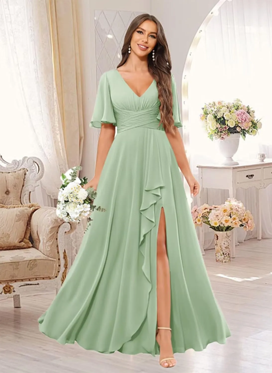 Sukleet Women's V Neck Flutter Sleeve Bridesmaid Dress Long for Wedding Ruffled Chiffon Formal Dress with Slit