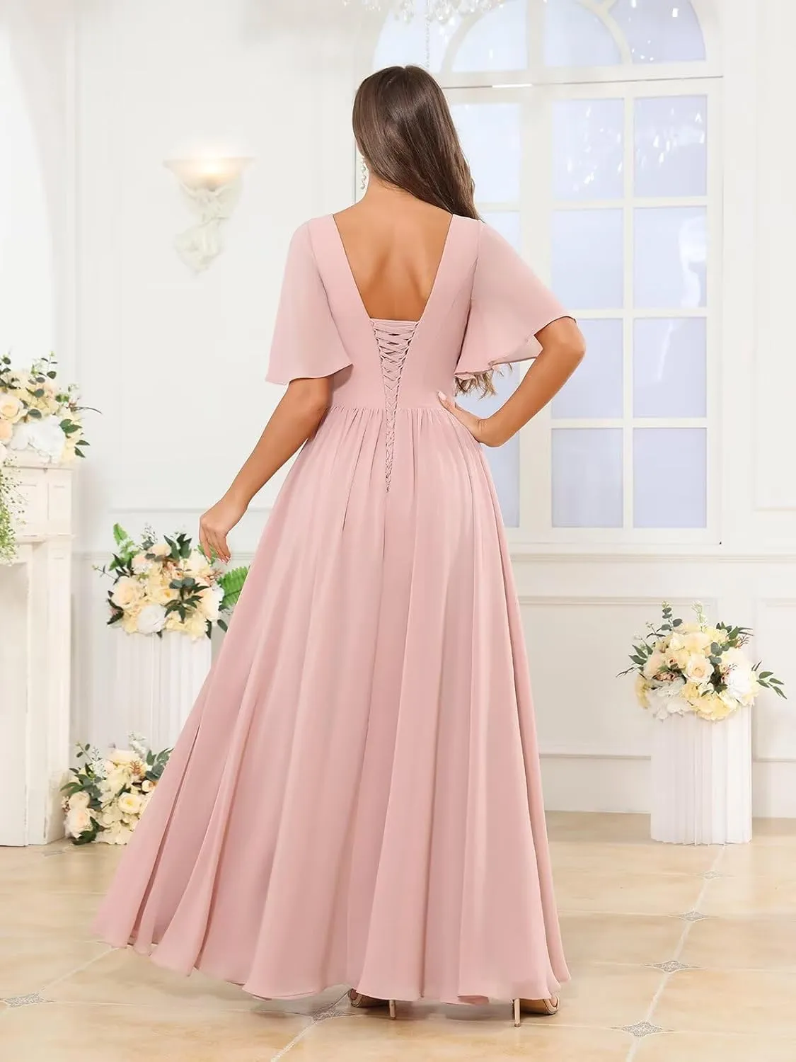 Sukleet Women's V Neck Flutter Sleeve Bridesmaid Dress Long for Wedding Ruffled Chiffon Formal Dress with Slit