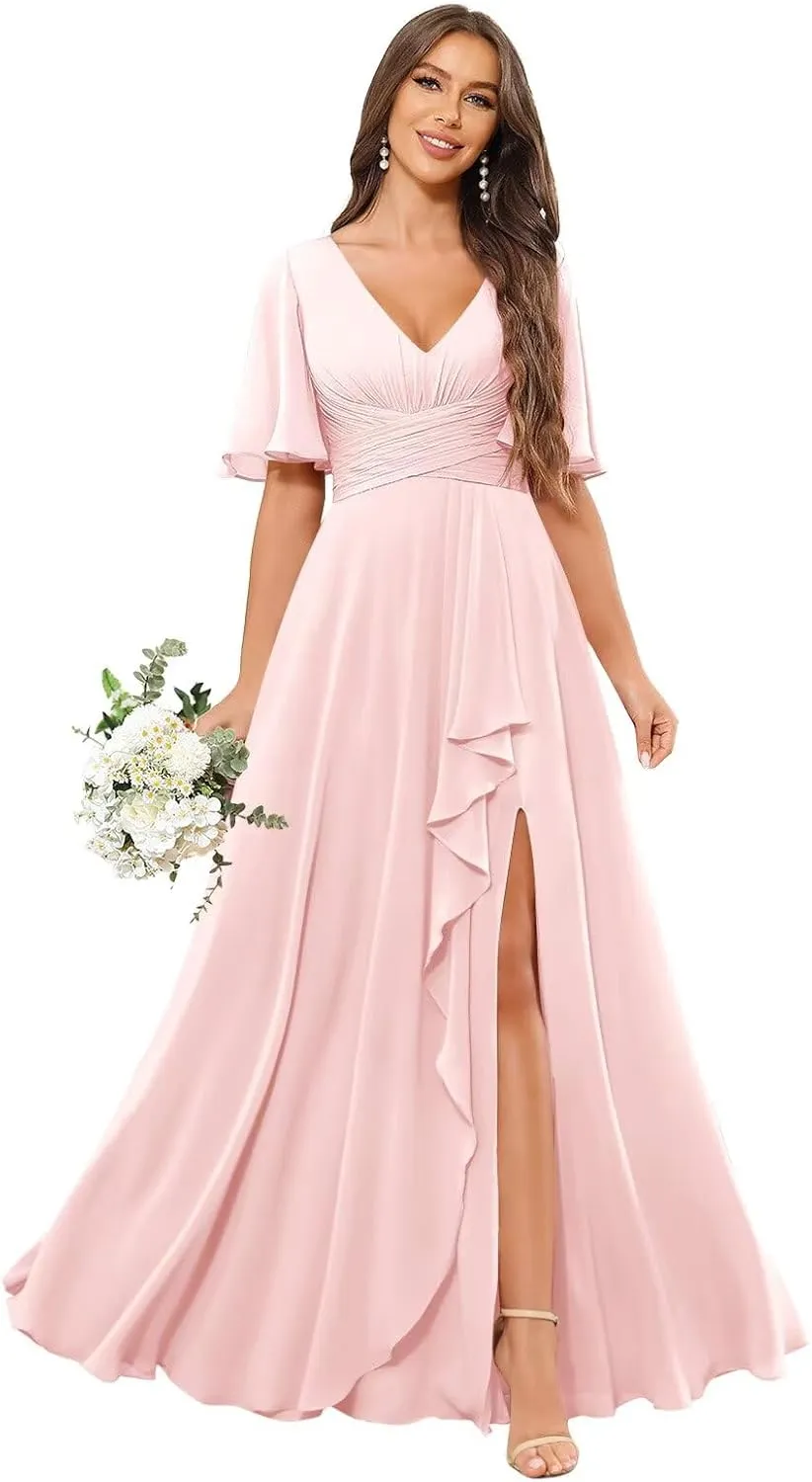 Sukleet Women's V Neck Flutter Sleeve Bridesmaid Dress Long for Wedding Ruffled Chiffon Formal Dress with Slit
