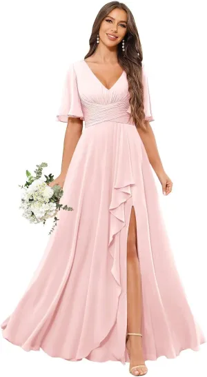Sukleet Women's V Neck Flutter Sleeve Bridesmaid Dress Long for Wedding Ruffled Chiffon Formal Dress with Slit