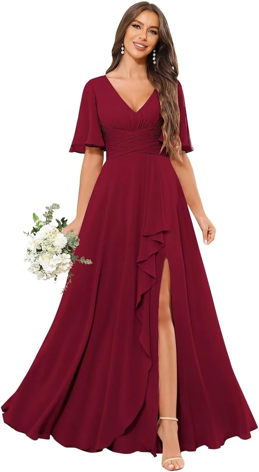 Sukleet Women's V Neck Flutter Sleeve Bridesmaid Dress Long for Wedding Ruffled Chiffon Formal Dress with Slit