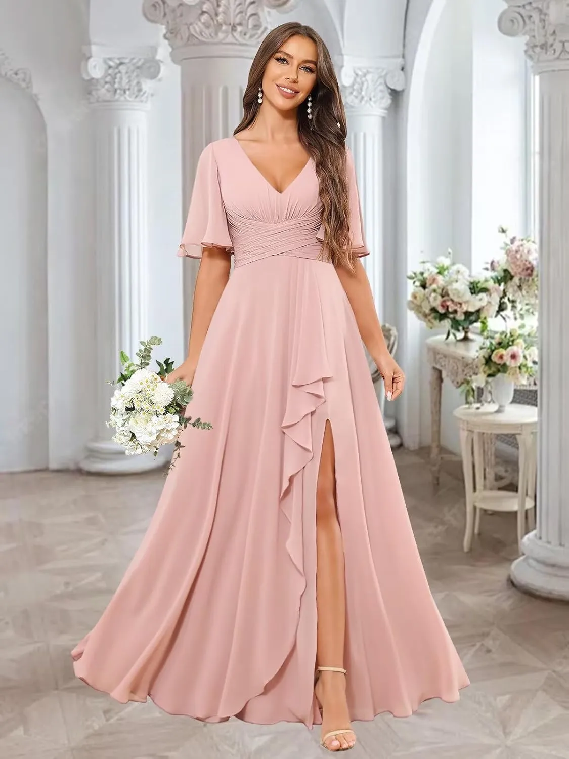 Sukleet Women's V Neck Flutter Sleeve Bridesmaid Dress Long for Wedding Ruffled Chiffon Formal Dress with Slit