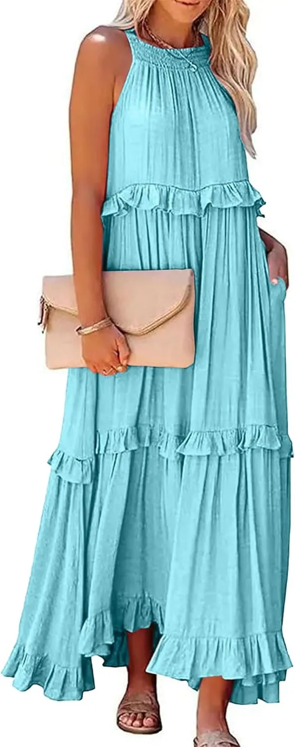 Summer Beach Dresses for Women 2024 Halter Tie Back Maxi Dress Long Tiered Ruffle Dress Sleeveless Flowy Boho Sundress