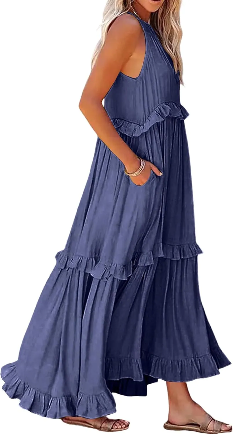 Summer Beach Dresses for Women 2024 Halter Tie Back Maxi Dress Long Tiered Ruffle Dress Sleeveless Flowy Boho Sundress