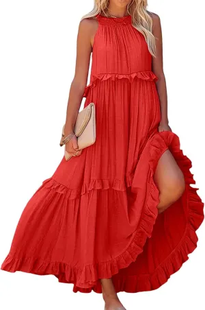 Summer Beach Dresses for Women 2024 Halter Tie Back Maxi Dress Long Tiered Ruffle Dress Sleeveless Flowy Boho Sundress