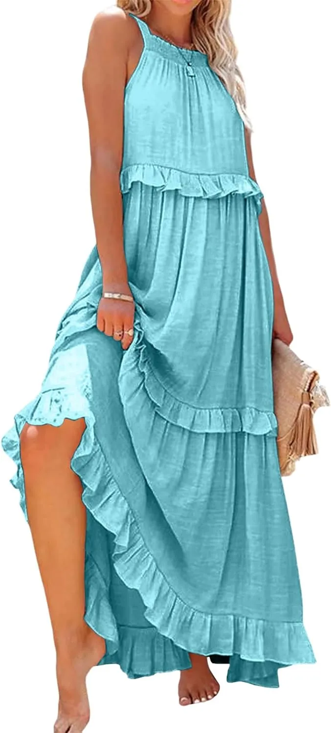Summer Beach Dresses for Women 2024 Halter Tie Back Maxi Dress Long Tiered Ruffle Dress Sleeveless Flowy Boho Sundress