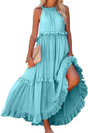 Summer Beach Dresses for Women 2024 Halter Tie Back Maxi Dress Long Tiered Ruffle Dress Sleeveless Flowy Boho Sundress