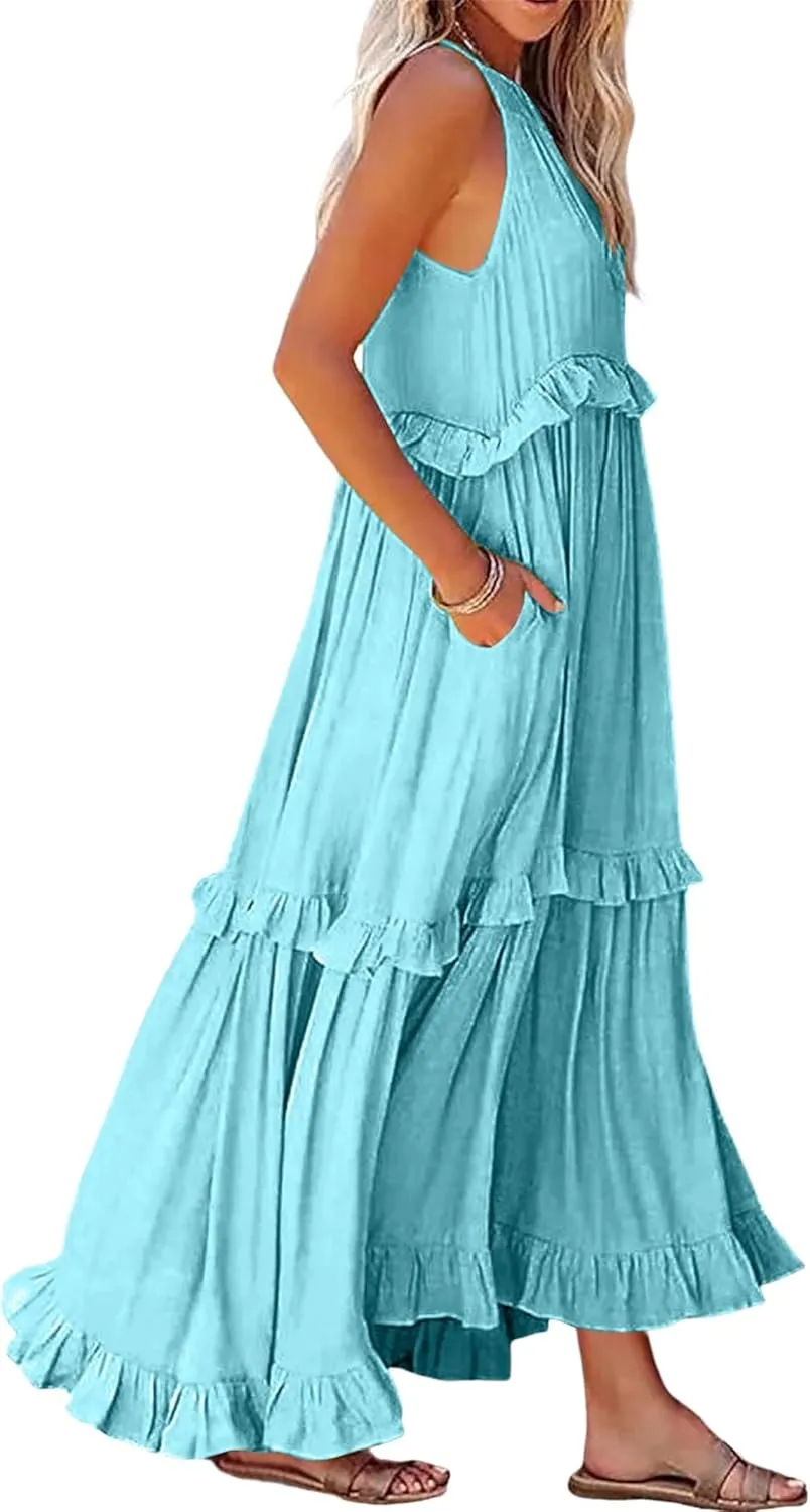 Summer Beach Dresses for Women 2024 Halter Tie Back Maxi Dress Long Tiered Ruffle Dress Sleeveless Flowy Boho Sundress