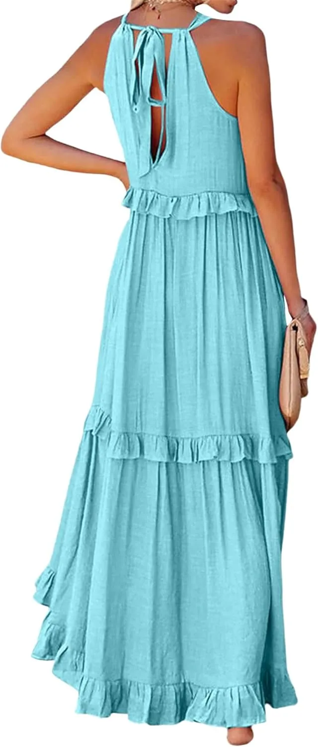 Summer Beach Dresses for Women 2024 Halter Tie Back Maxi Dress Long Tiered Ruffle Dress Sleeveless Flowy Boho Sundress