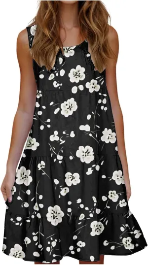 Summer Beach Dresses for Women Trendy Boho Floral Tank Dress Casual Ruffle Flowy Sundresses Vacation Outfits 2025