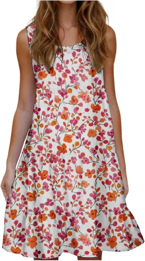 Summer Beach Dresses for Women Trendy Boho Floral Tank Dress Casual Ruffle Flowy Sundresses Vacation Outfits 2025