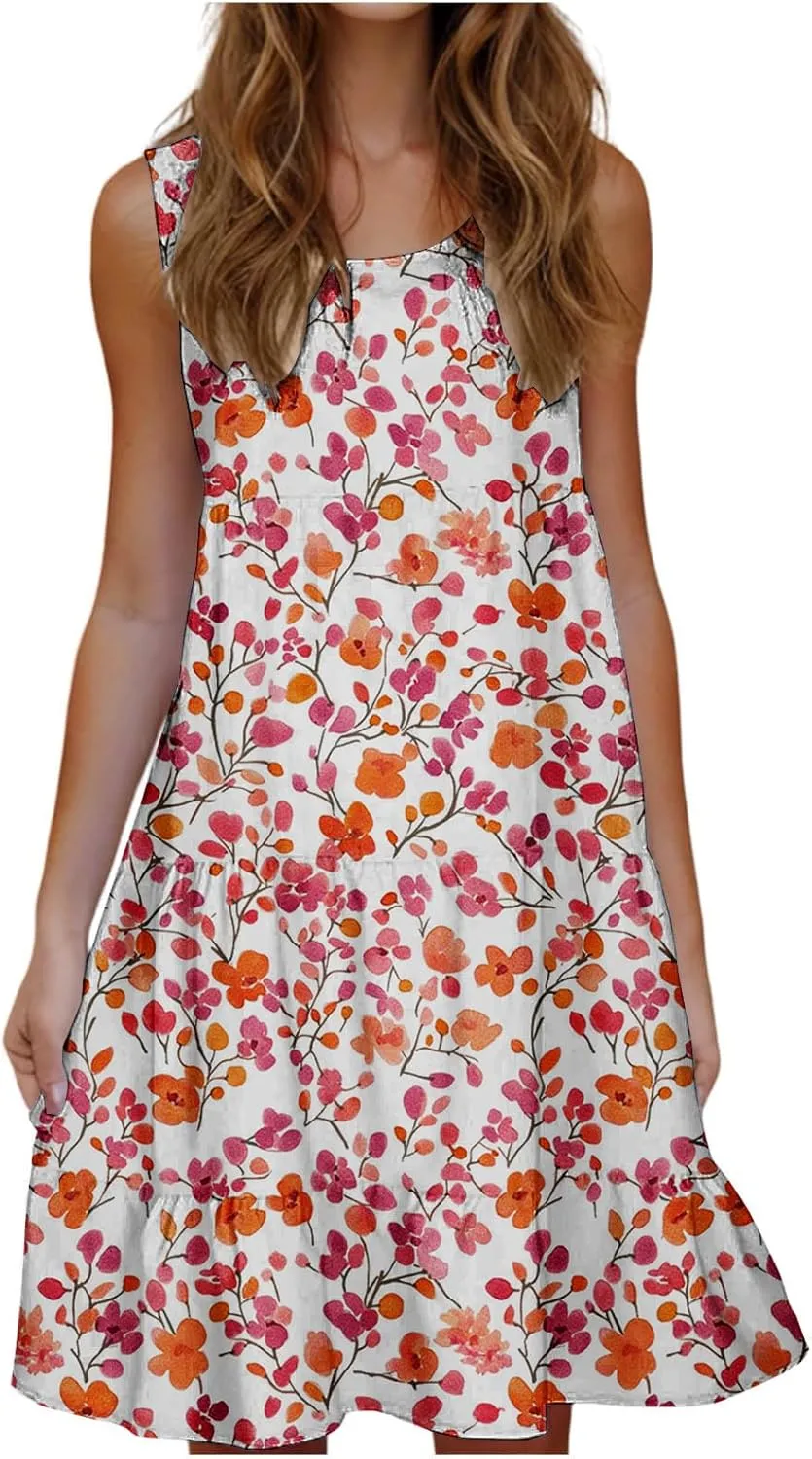 Summer Beach Dresses for Women Trendy Boho Floral Tank Dress Casual Ruffle Flowy Sundresses Vacation Outfits 2025