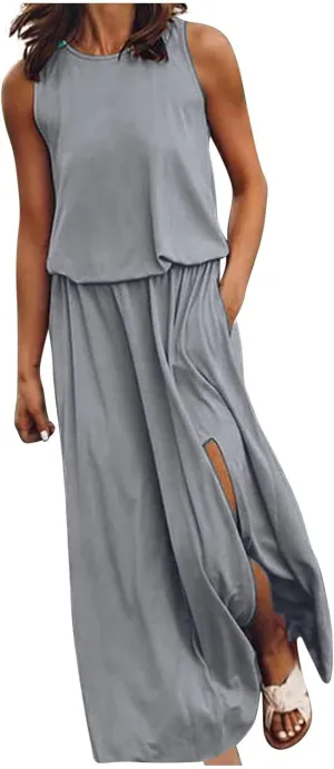 Summer Casual Dresses for Women 2025 Sleeveless Silt Long Vacation Dress High Waisted Flowy Plus Size Beach Sundress