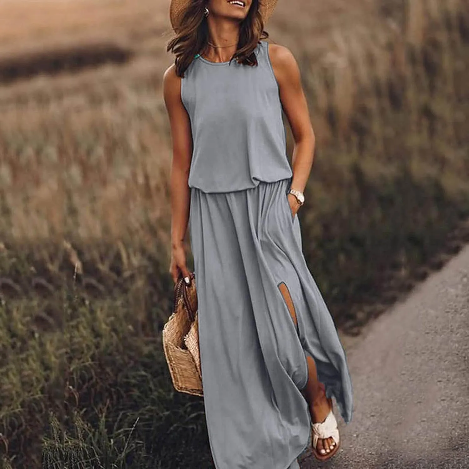 Summer Casual Dresses for Women 2025 Sleeveless Silt Long Vacation Dress High Waisted Flowy Plus Size Beach Sundress