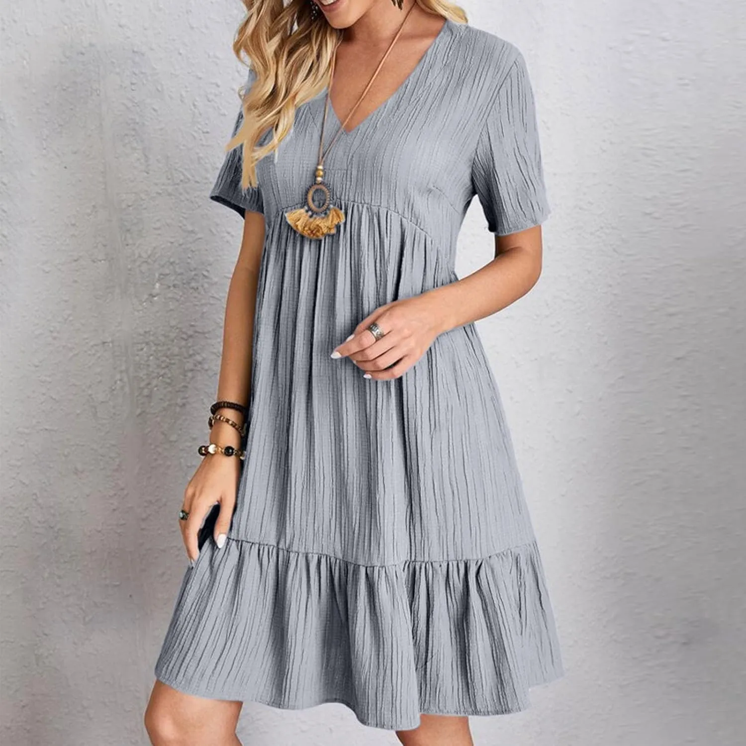 Summer Dress for Women 2025 Casual V Neck Short Sleeve Swing Midi Dresses Ruffle Tiered Flowy Beach A-Line Sundress