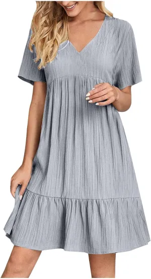Summer Dress for Women 2025 Casual V Neck Short Sleeve Swing Midi Dresses Ruffle Tiered Flowy Beach A-Line Sundress