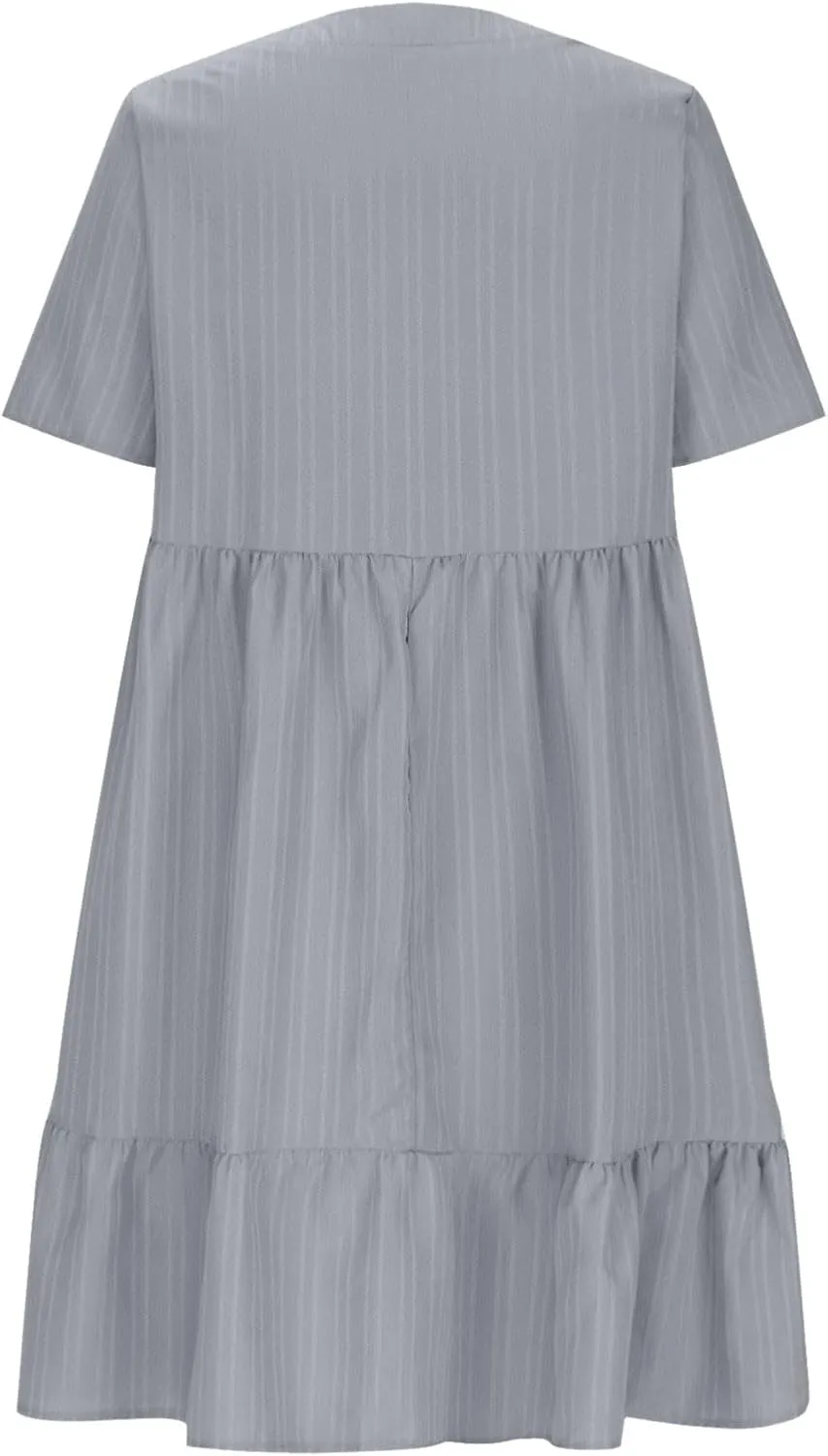 Summer Dress for Women 2025 Casual V Neck Short Sleeve Swing Midi Dresses Ruffle Tiered Flowy Beach A-Line Sundress