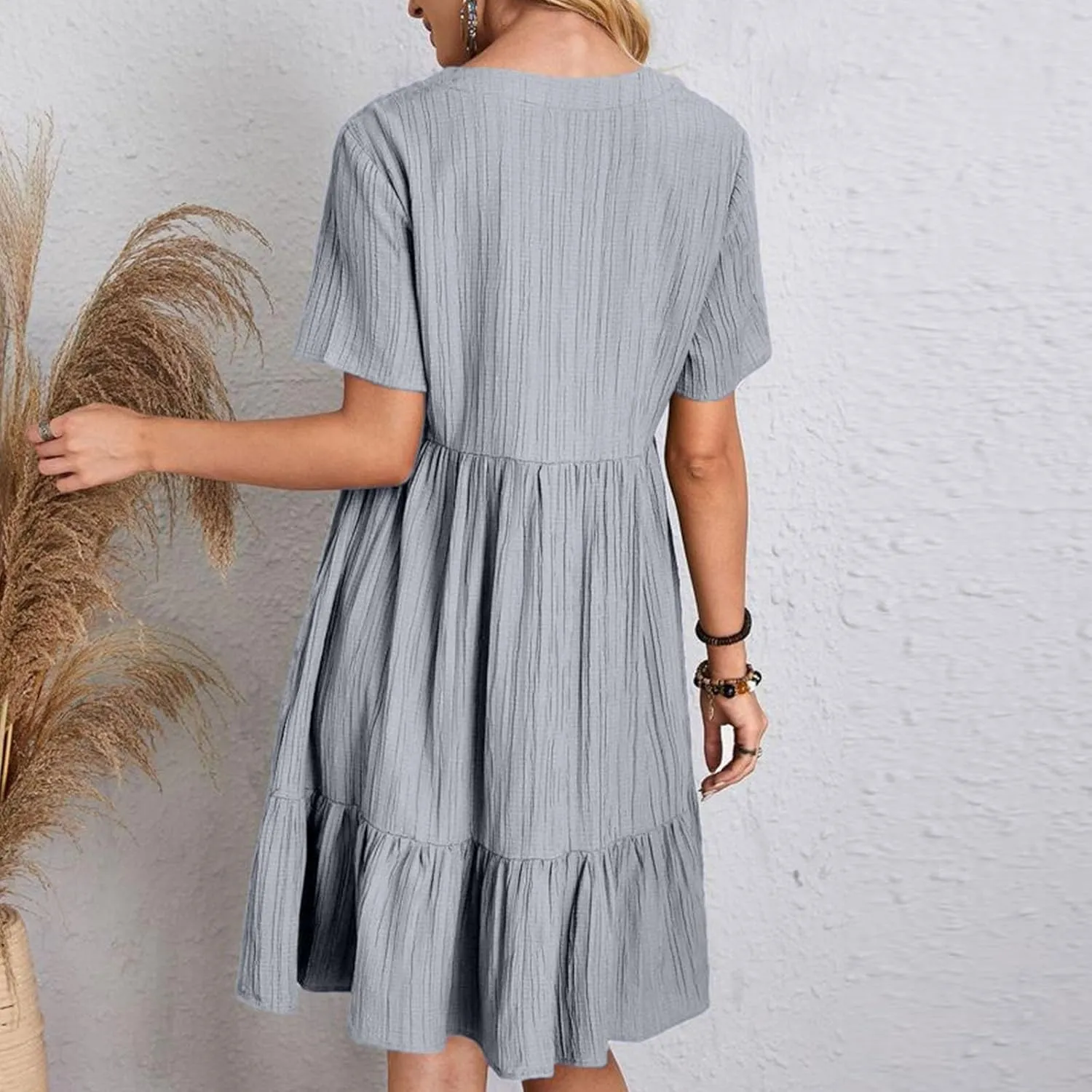 Summer Dress for Women 2025 Casual V Neck Short Sleeve Swing Midi Dresses Ruffle Tiered Flowy Beach A-Line Sundress
