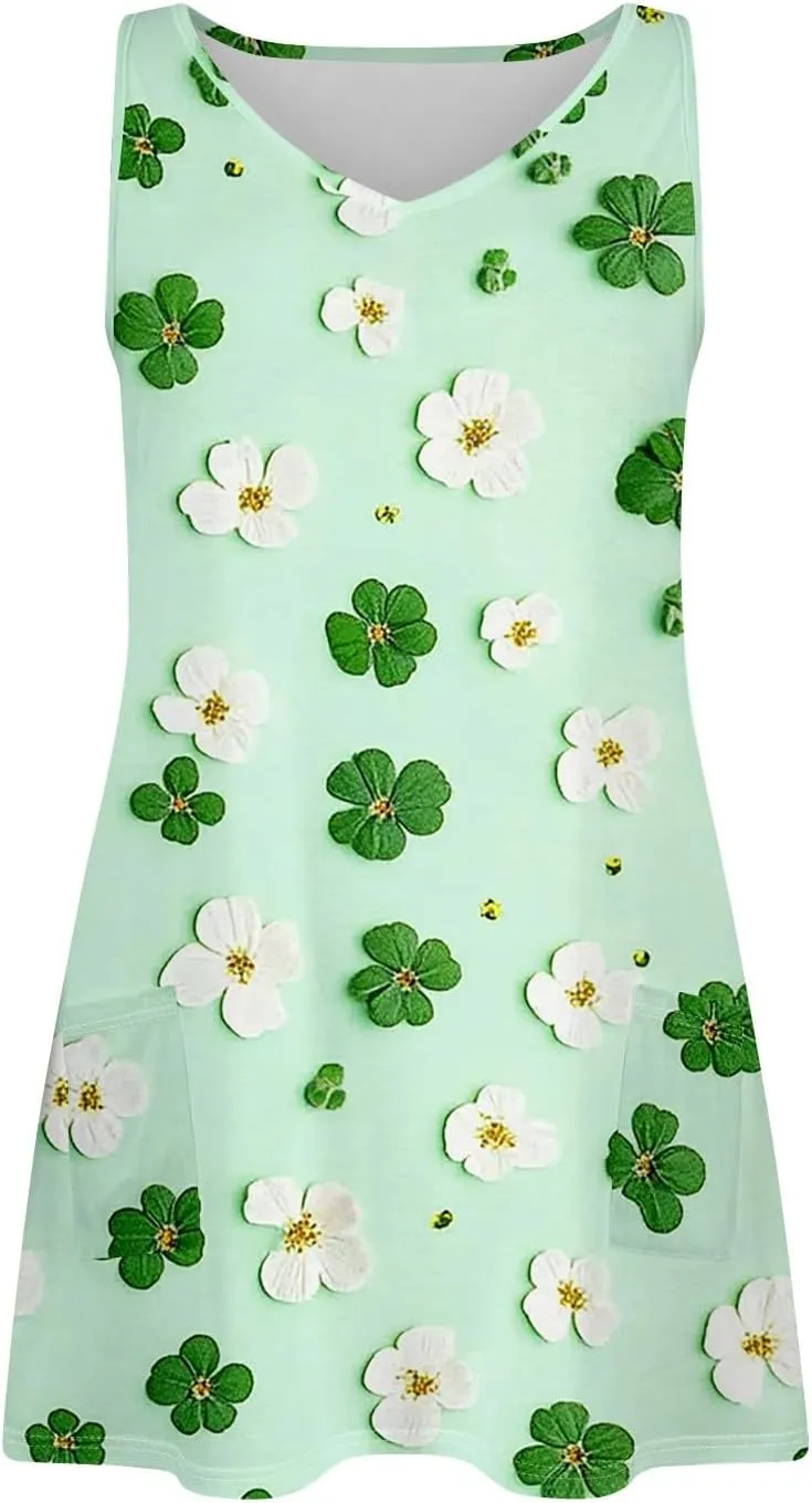 Summer Dress Summer Dresses for Women Beach Boho Sleeveless Vintage Floral Flowy Pocket Tshirt Tank Sundresses
