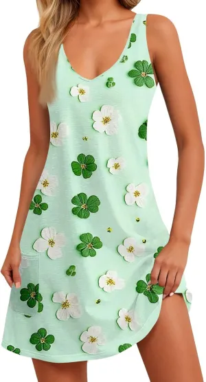 Summer Dress Summer Dresses for Women Beach Boho Sleeveless Vintage Floral Flowy Pocket Tshirt Tank Sundresses