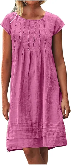Summer Dress Womens Casual Short Sleeve Cotton Linen Dress Sundress Beach Mini Dresses for Women 2025 Trendy
