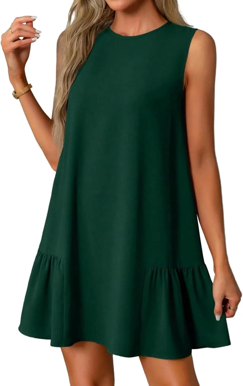 Summer Dresses 2025 Casual Crew Neck Solid Sleeveless Ruffle Hem Beach A-Line Mini Tank Sundresses with Pockets