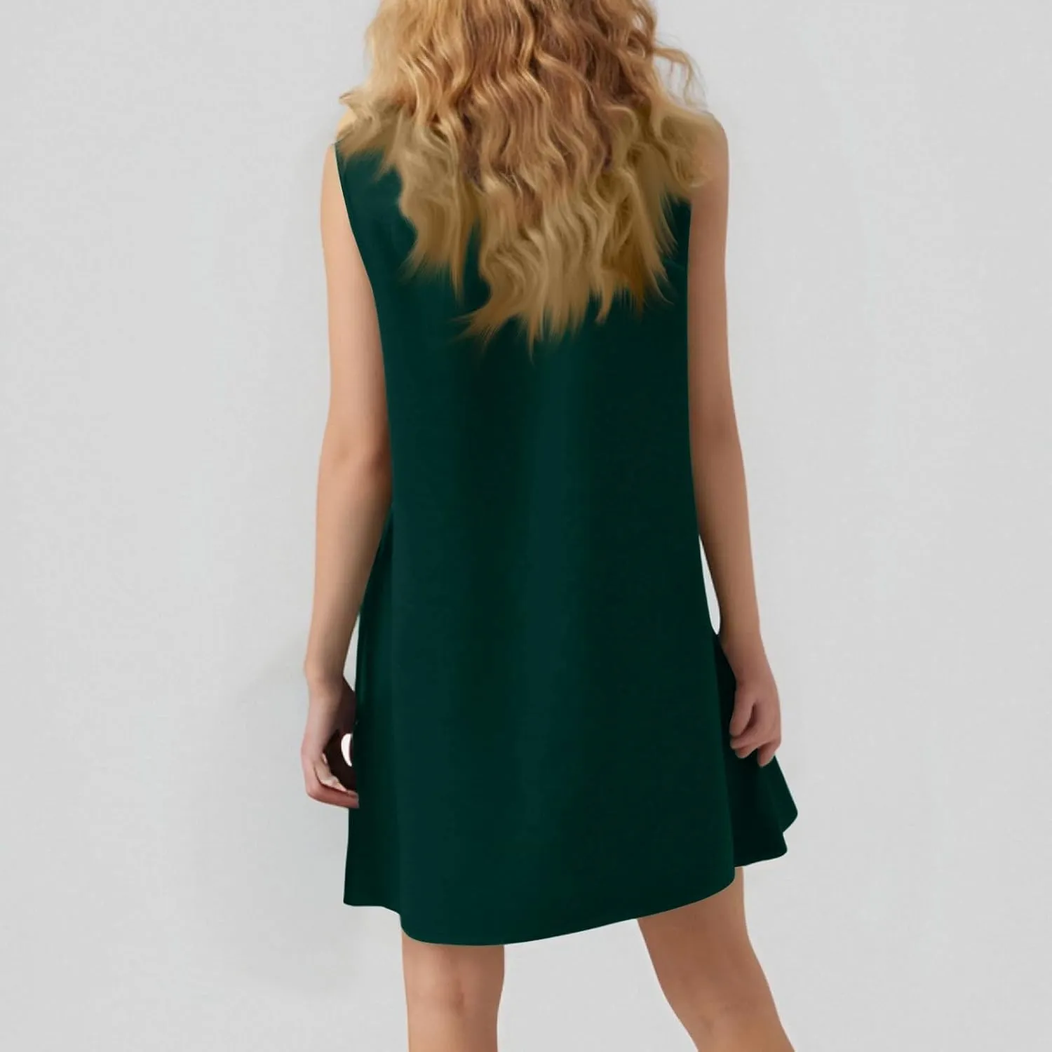 Summer Dresses 2025 Casual Crew Neck Solid Sleeveless Ruffle Hem Beach A-Line Mini Tank Sundresses with Pockets