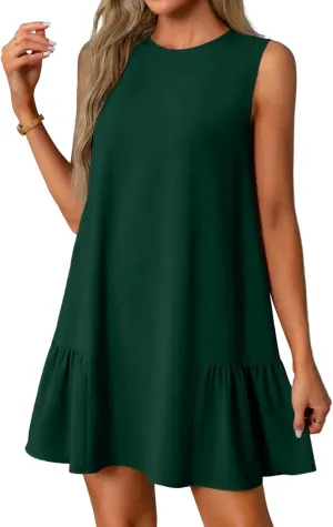 Summer Dresses 2025 Casual Crew Neck Solid Sleeveless Ruffle Hem Beach A-Line Mini Tank Sundresses with Pockets