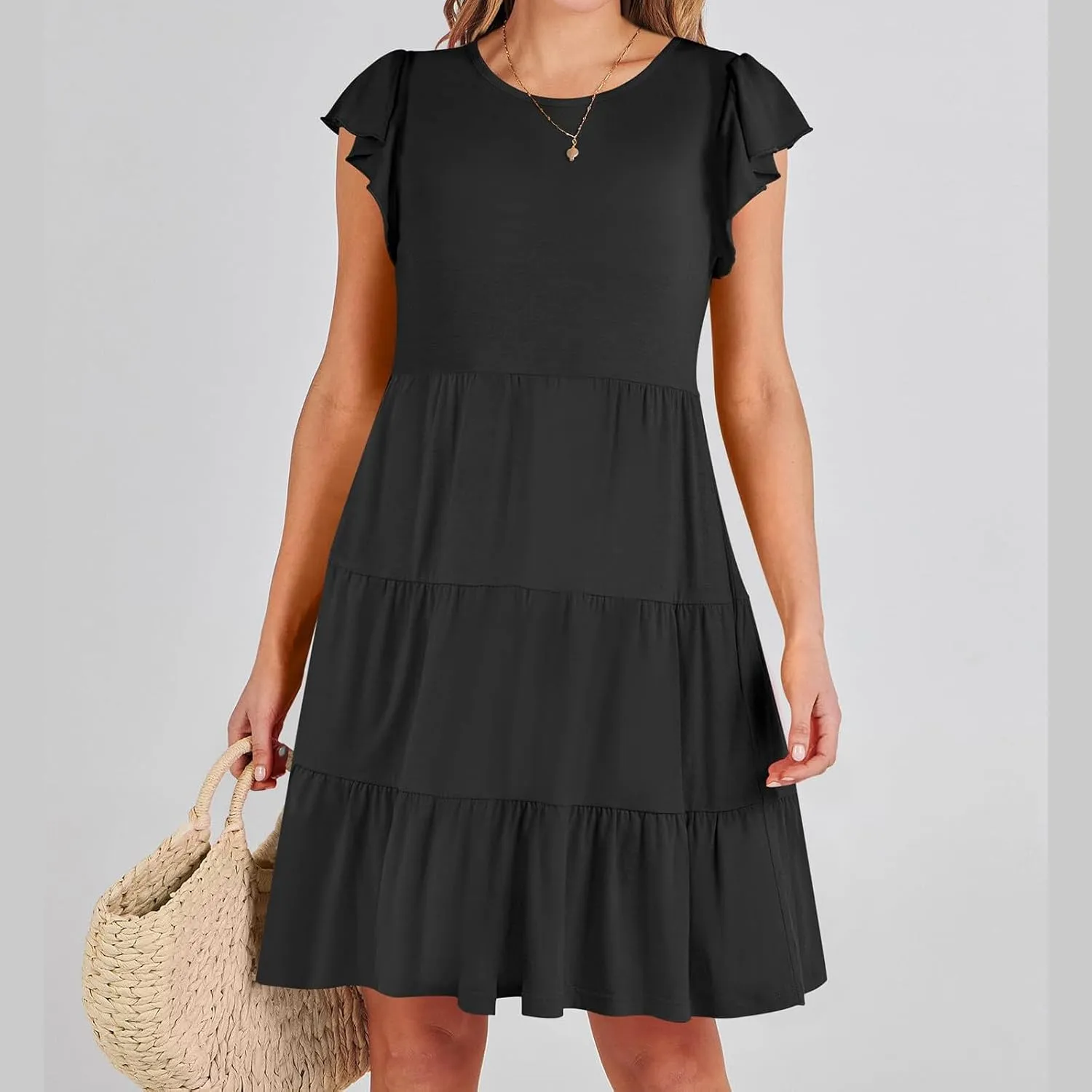 Summer Dresses Flutter Short Sleeve Crew Neck Casual Dresses for Women Flowy Ruffle Tiered Beach Vacation Dress