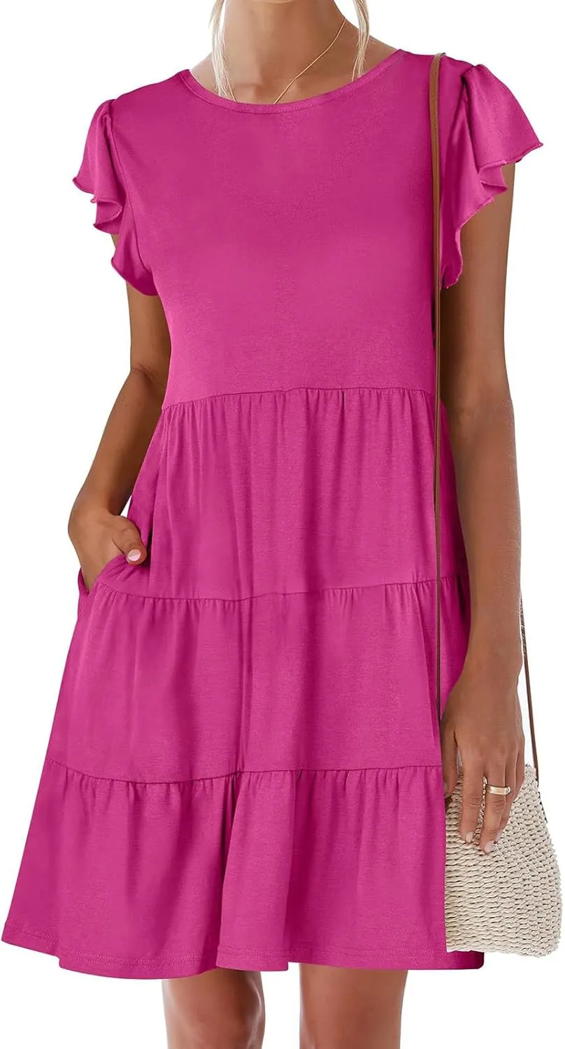 Summer Dresses Flutter Short Sleeve Crew Neck Casual Dresses for Women Flowy Ruffle Tiered Beach Vacation Dress
