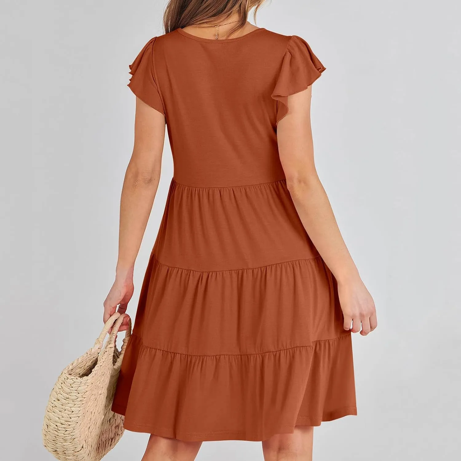 Summer Dresses Flutter Short Sleeve Crew Neck Casual Dresses for Women Flowy Ruffle Tiered Beach Vacation Dress