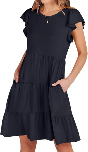 Summer Dresses Flutter Short Sleeve Crew Neck Casual Dresses for Women Flowy Ruffle Tiered Beach Vacation Dress