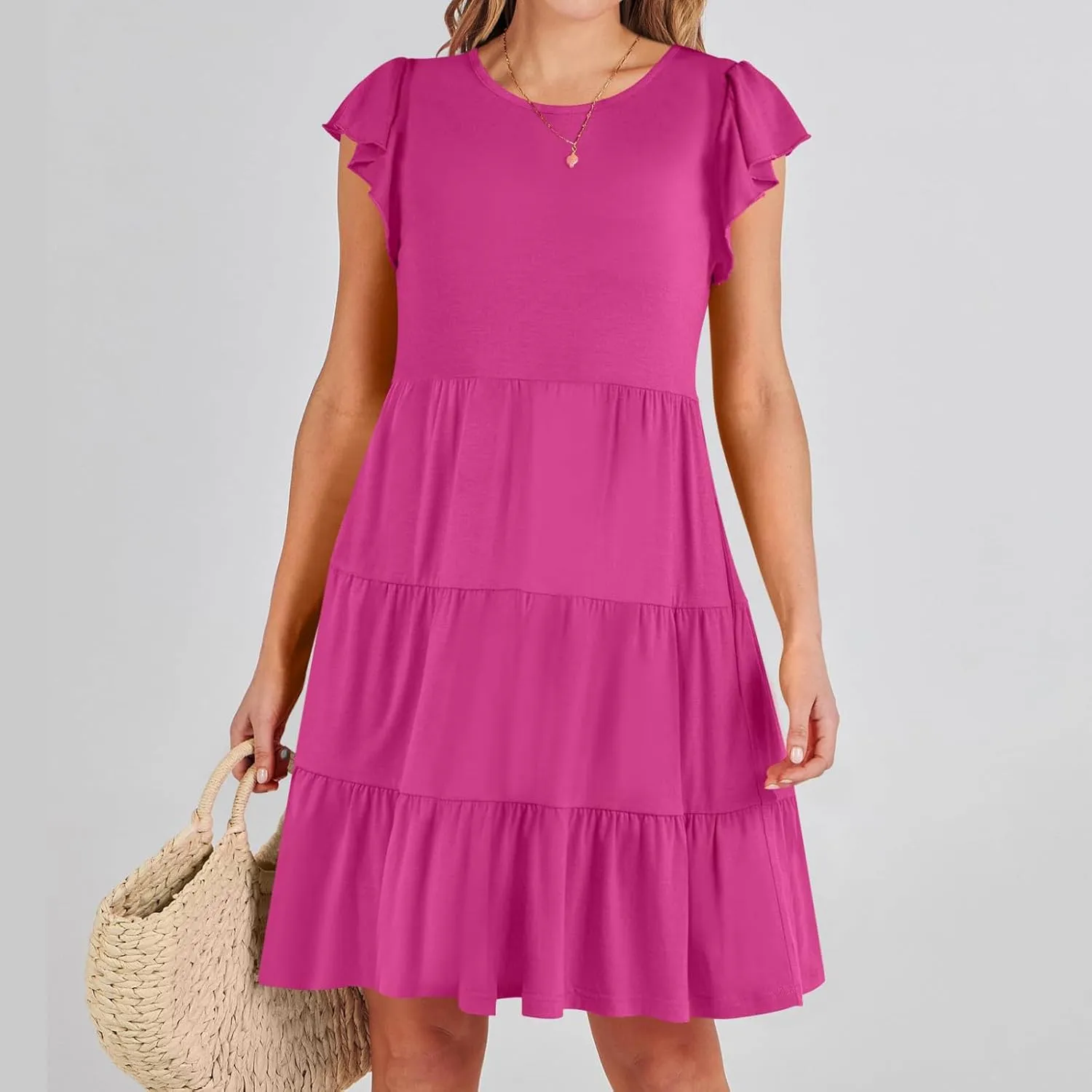 Summer Dresses Flutter Short Sleeve Crew Neck Casual Dresses for Women Flowy Ruffle Tiered Beach Vacation Dress