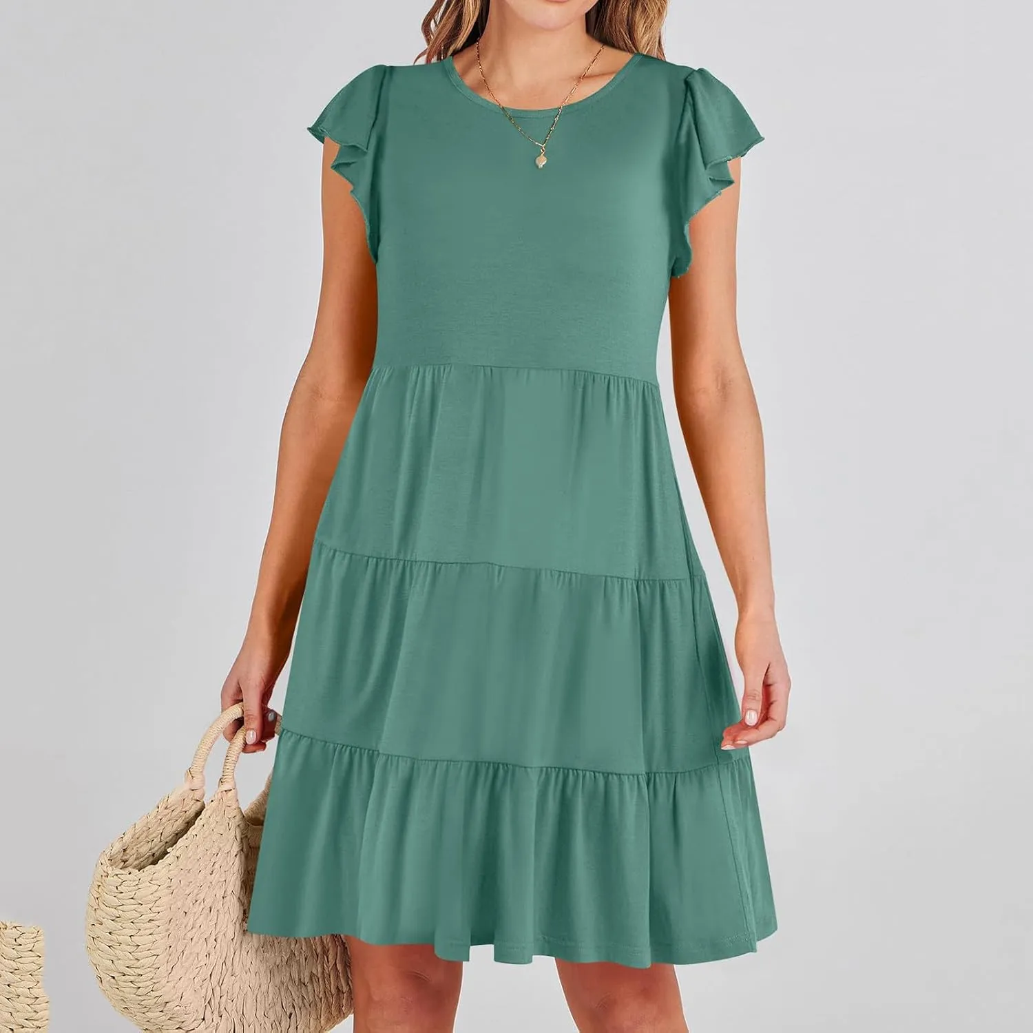 Summer Dresses Flutter Short Sleeve Crew Neck Casual Dresses for Women Flowy Ruffle Tiered Beach Vacation Dress