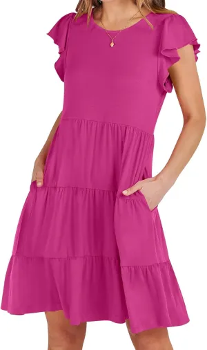 Summer Dresses Flutter Short Sleeve Crew Neck Casual Dresses for Women Flowy Ruffle Tiered Beach Vacation Dress