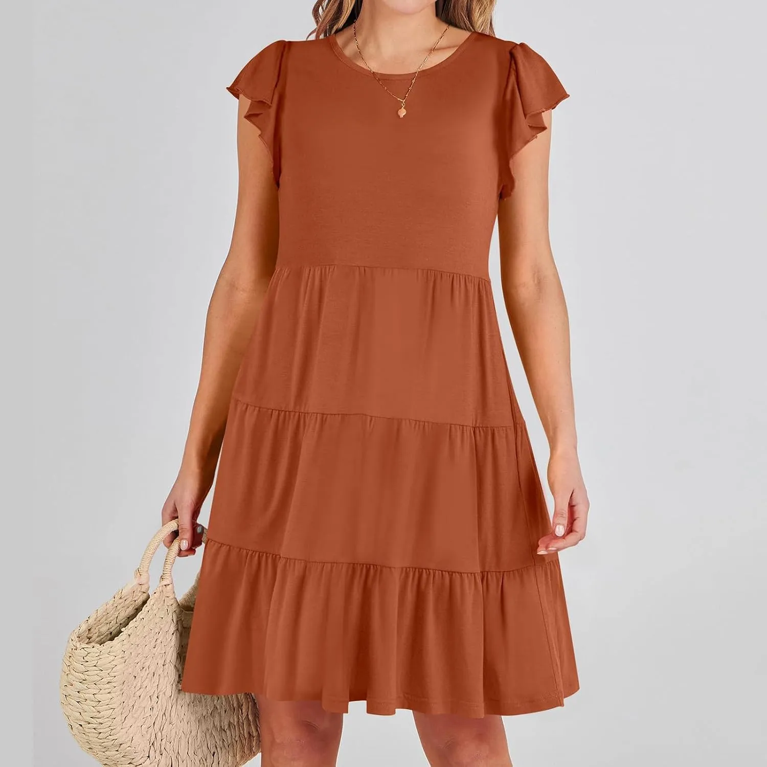 Summer Dresses Flutter Short Sleeve Crew Neck Casual Dresses for Women Flowy Ruffle Tiered Beach Vacation Dress