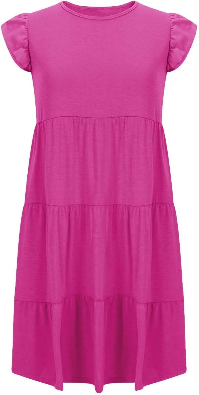 Summer Dresses Flutter Short Sleeve Crew Neck Casual Dresses for Women Flowy Ruffle Tiered Beach Vacation Dress