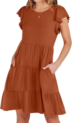 Summer Dresses Flutter Short Sleeve Crew Neck Casual Dresses for Women Flowy Ruffle Tiered Beach Vacation Dress