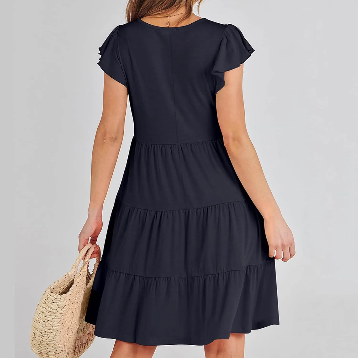 Summer Dresses Flutter Short Sleeve Crew Neck Casual Dresses for Women Flowy Ruffle Tiered Beach Vacation Dress