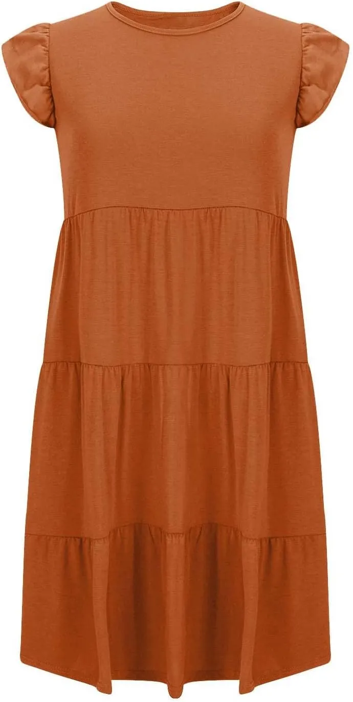 Summer Dresses Flutter Short Sleeve Crew Neck Casual Dresses for Women Flowy Ruffle Tiered Beach Vacation Dress