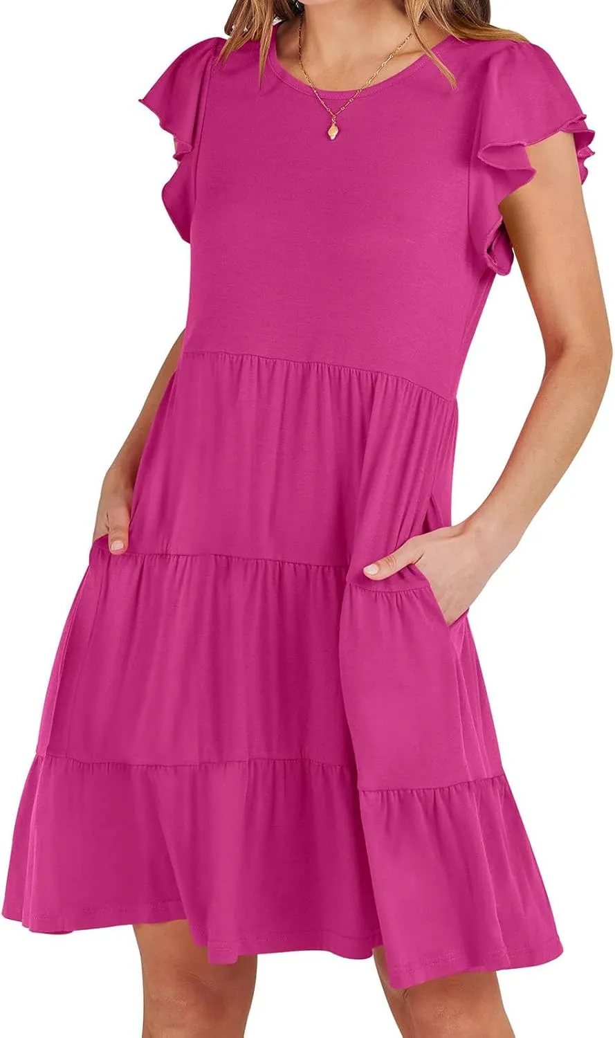 Summer Dresses Flutter Short Sleeve Crew Neck Casual Dresses for Women Flowy Ruffle Tiered Beach Vacation Dress