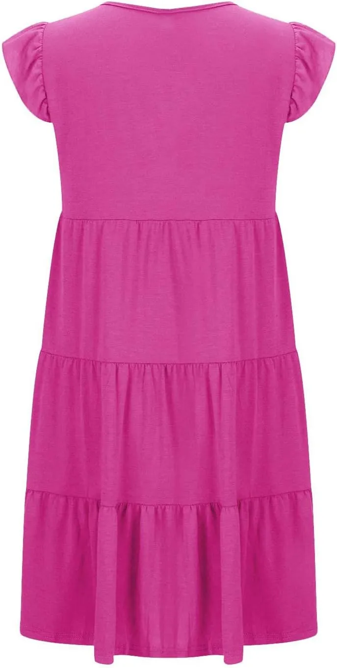 Summer Dresses Flutter Short Sleeve Crew Neck Casual Dresses for Women Flowy Ruffle Tiered Beach Vacation Dress
