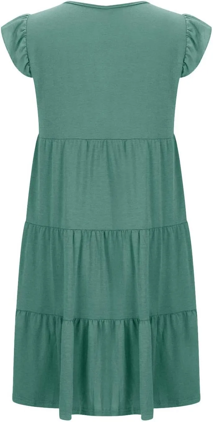 Summer Dresses Flutter Short Sleeve Crew Neck Casual Dresses for Women Flowy Ruffle Tiered Beach Vacation Dress