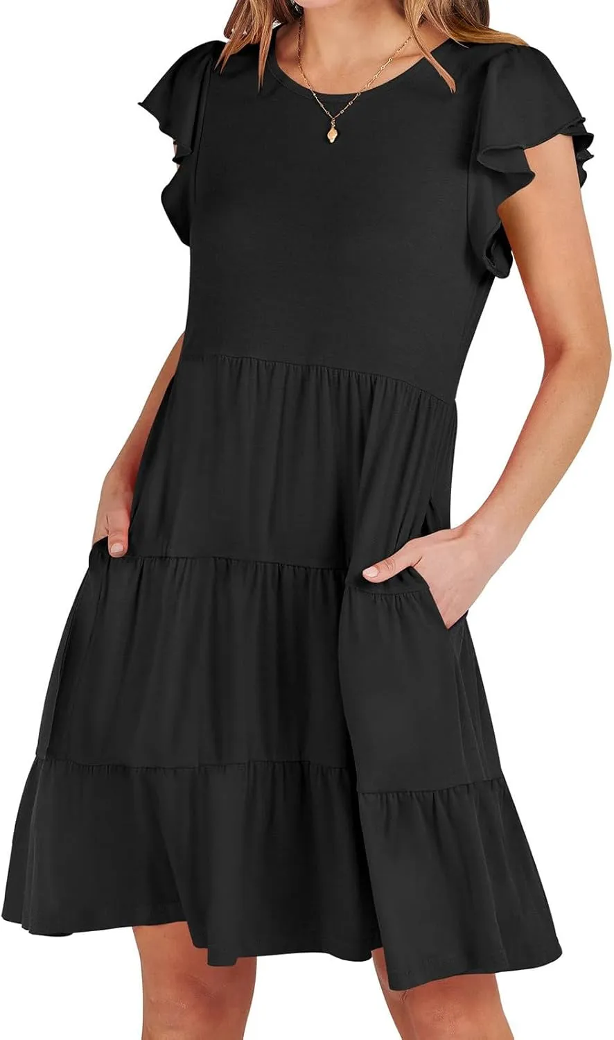 Summer Dresses Flutter Short Sleeve Crew Neck Casual Dresses for Women Flowy Ruffle Tiered Beach Vacation Dress