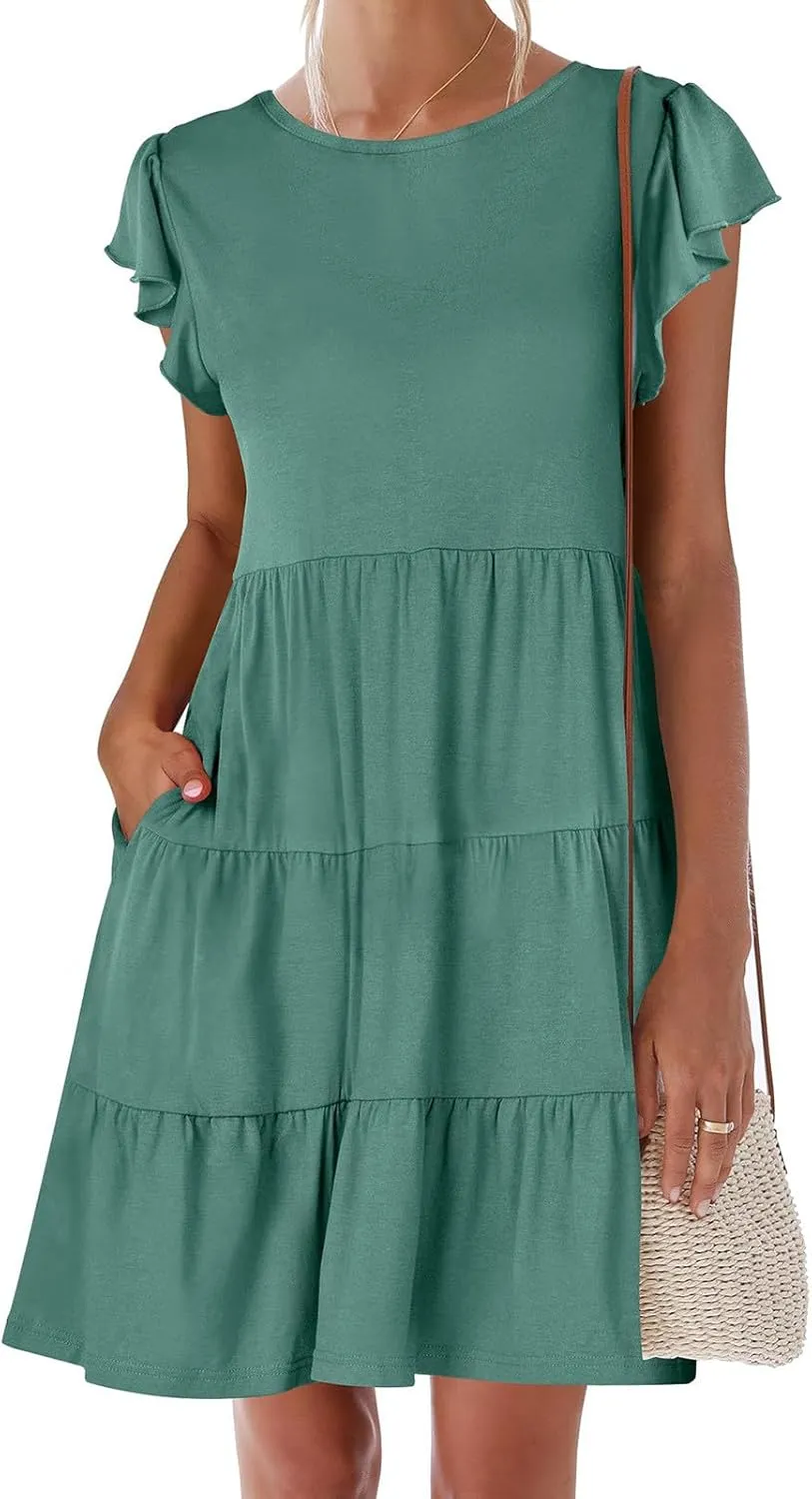Summer Dresses Flutter Short Sleeve Crew Neck Casual Dresses for Women Flowy Ruffle Tiered Beach Vacation Dress